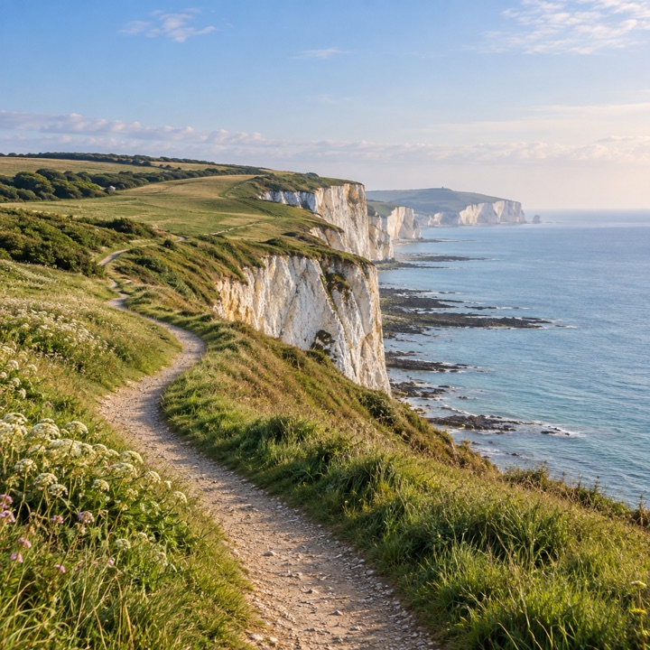 Original editorial illustration of a winding path along chalk cliffs and open sea.