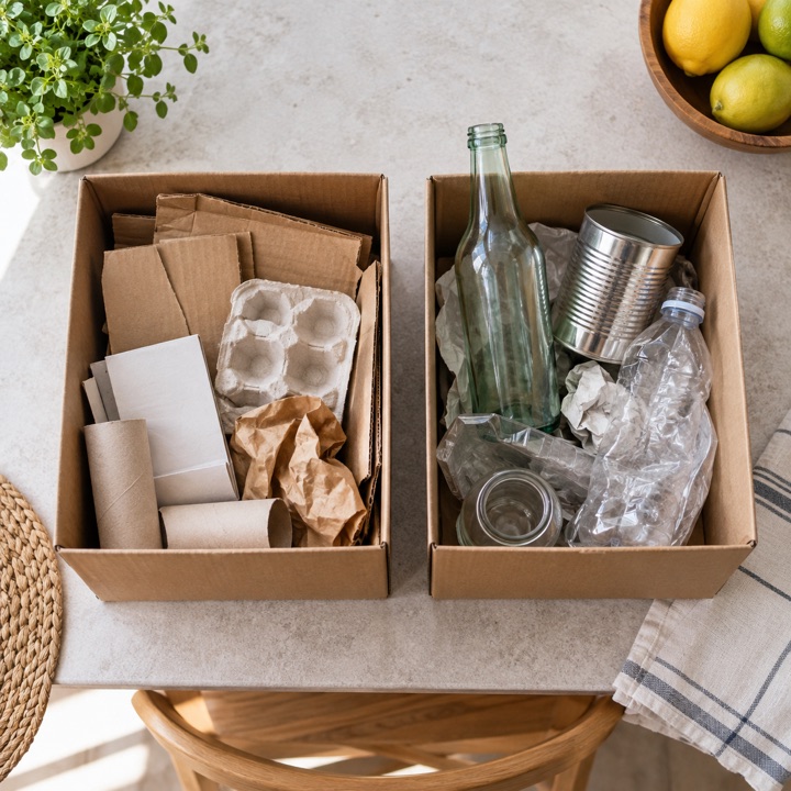 Editorial illustration of cardboard, glass and metal items in two unbranded sorting boxes.