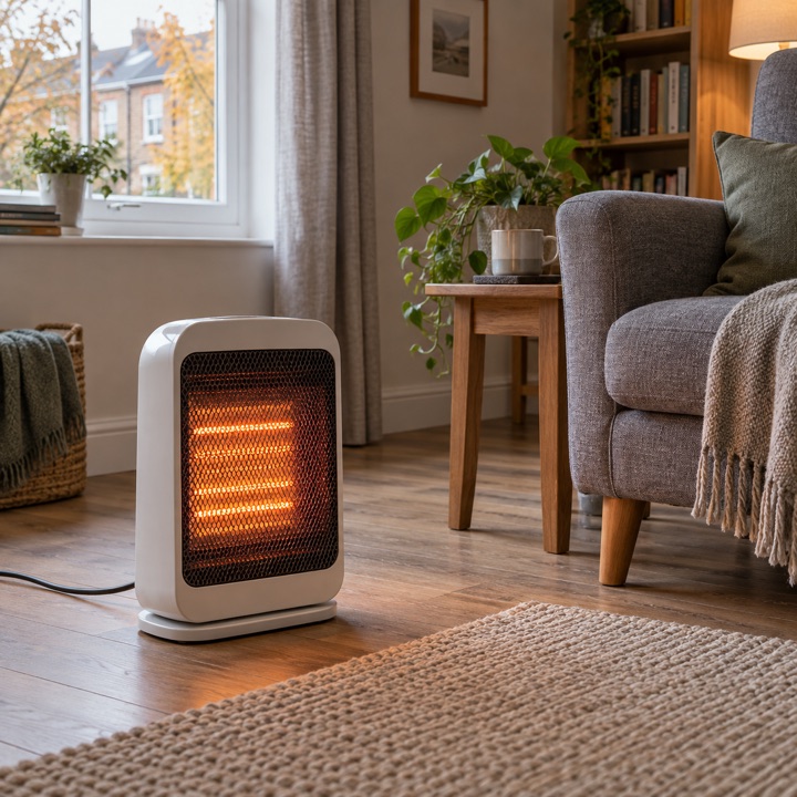 Original editorial illustration of an unbranded portable heater in a modest living room.